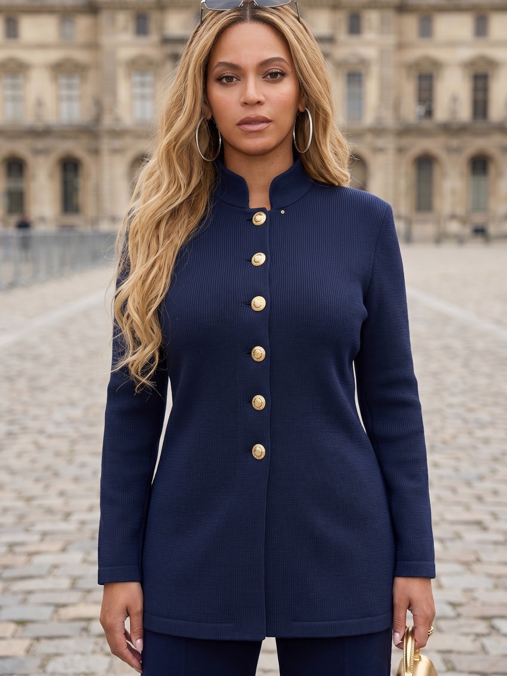 Vintage ST.JOHN BASICS Navy Long-Sleeve Collarless Knit Jacket with Gold Buttons